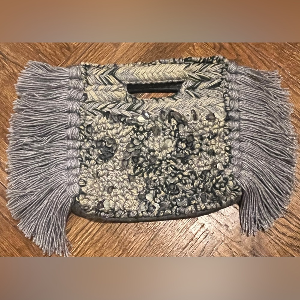 NEW Anthropologie Milo Embellished Gray Fringe Clutch Purse